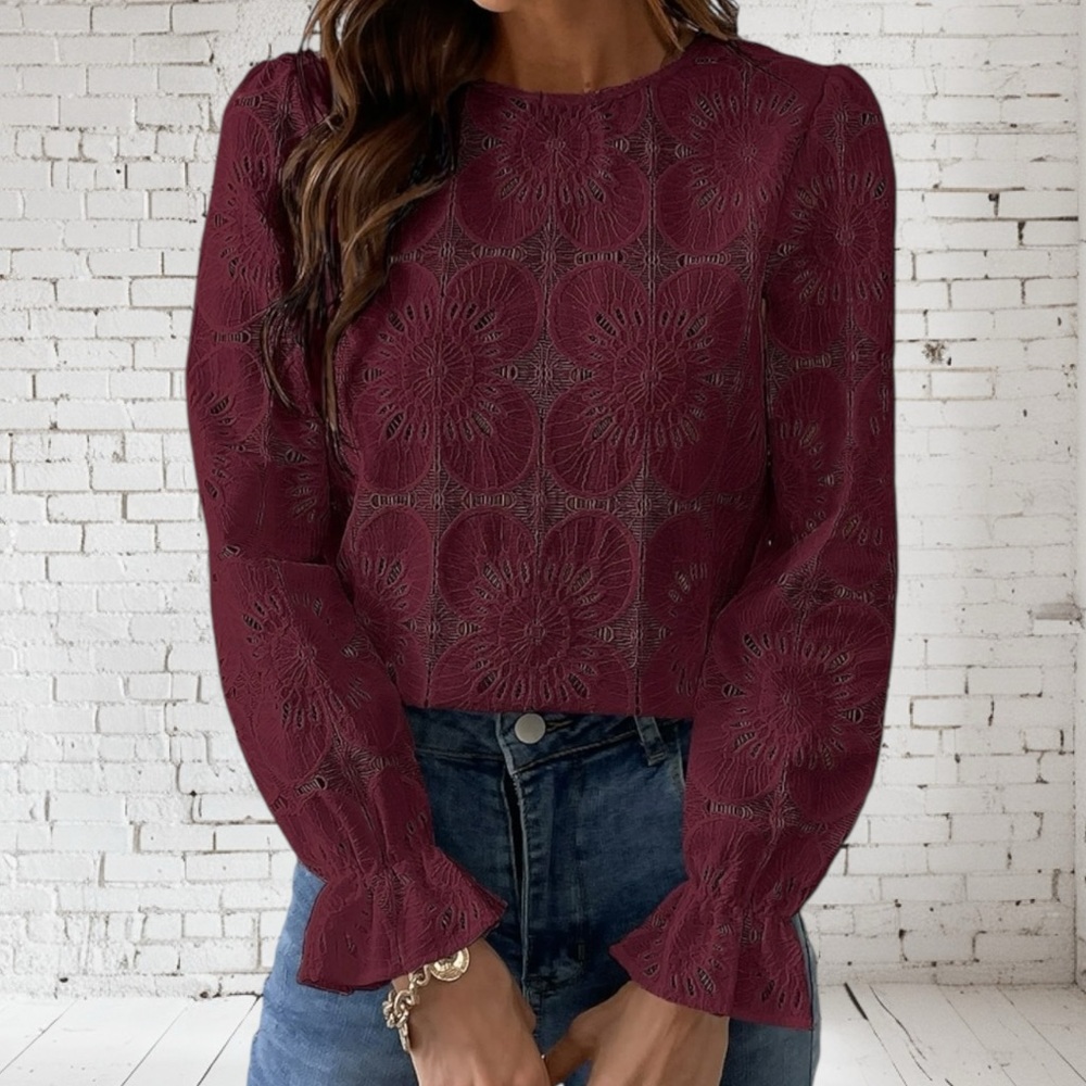 Cupshe Burgundy Eyelet Long-Sleeve Blouse - Picture 2 of 3